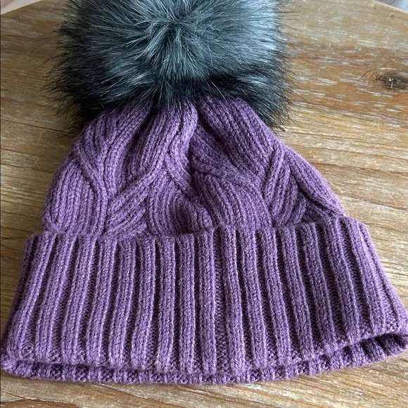 The North Face Youth Purple Knit Beanie with Fluffy Gray Pom-Pom - Picture 11 of 15
